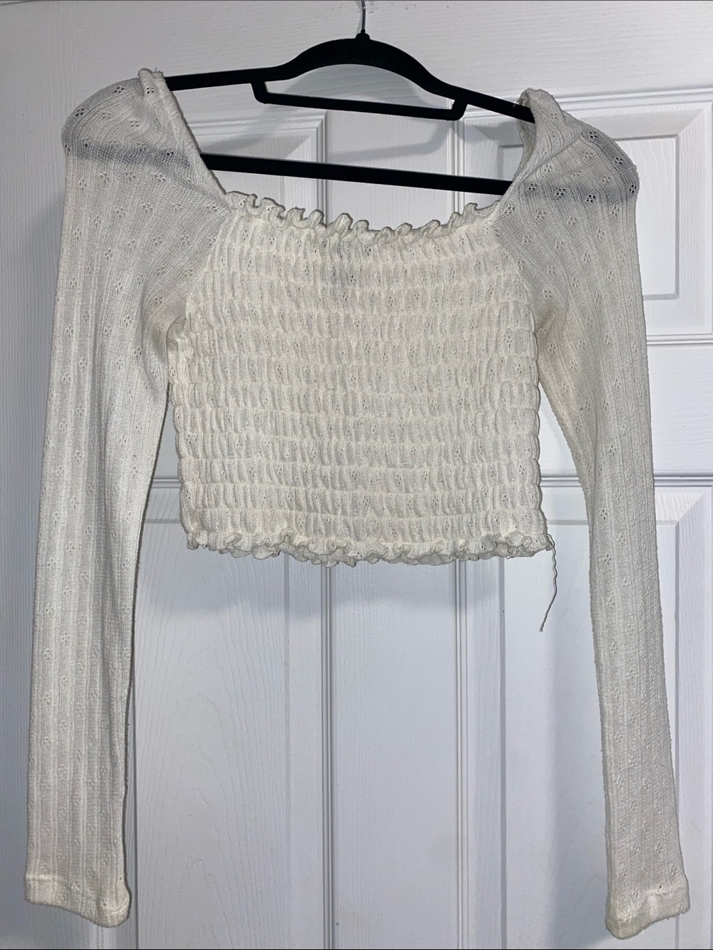 Cream Smocked Knit Crop Top